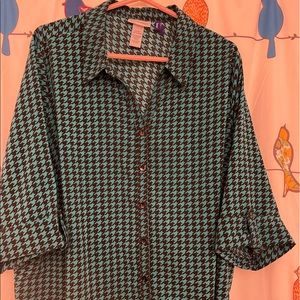 Teal and Black Houndstooth print button down blouse - Catherines 2X PETITE
